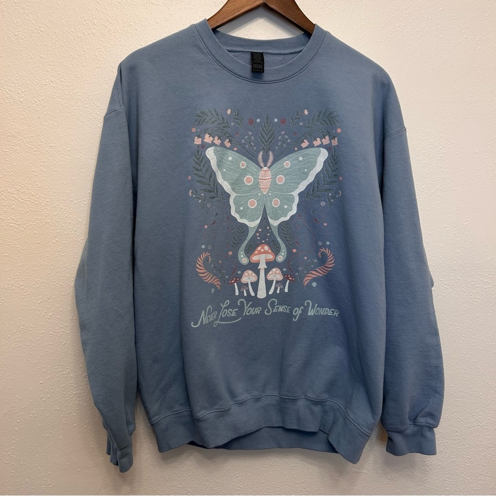 Boho Butterfly Moth Fleece Lined Blue Crew Neck Sweatshirt